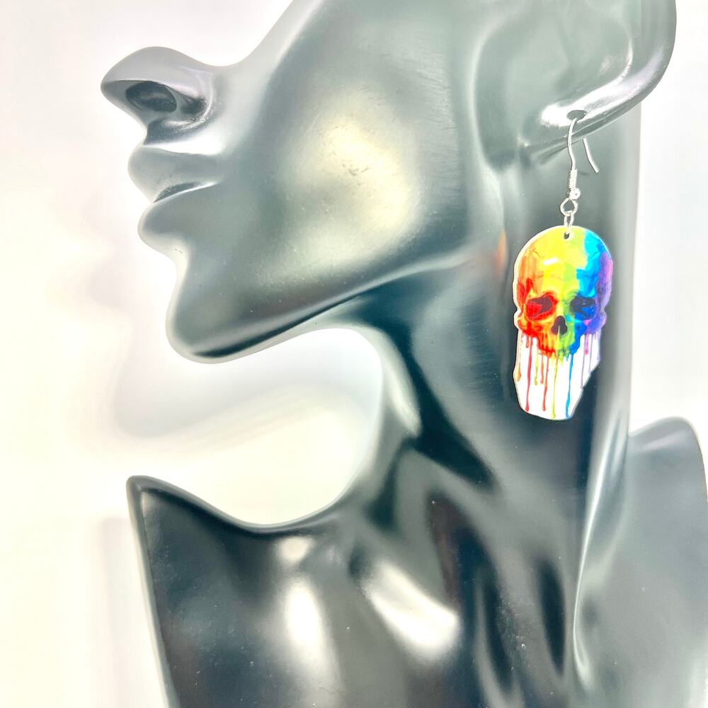 Rainbow Skull Earrings - Halloween Earrings - Goth Accessories - Pride Earrings - Picture 7 of 8